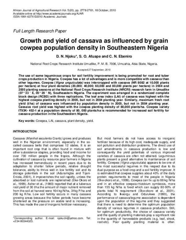 (PDF) Growth and yield of cassava as influenced by grain cowpea ...