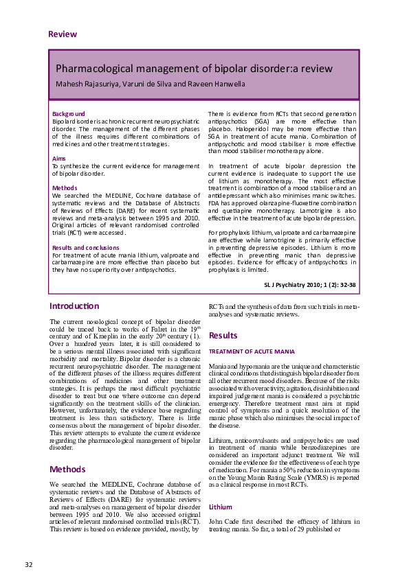 (PDF) Pharmacological management of bipolar disorder : a review