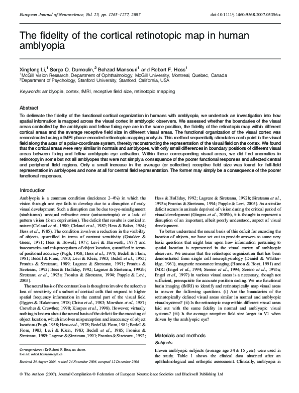 (PDF) The fidelity of the cortical retinotopic map in human amblyopia