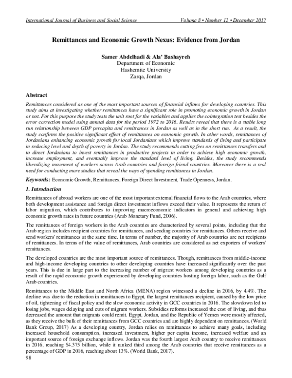 (PDF) Remittances and Economic Growth Nexus : Evidence from Jordan