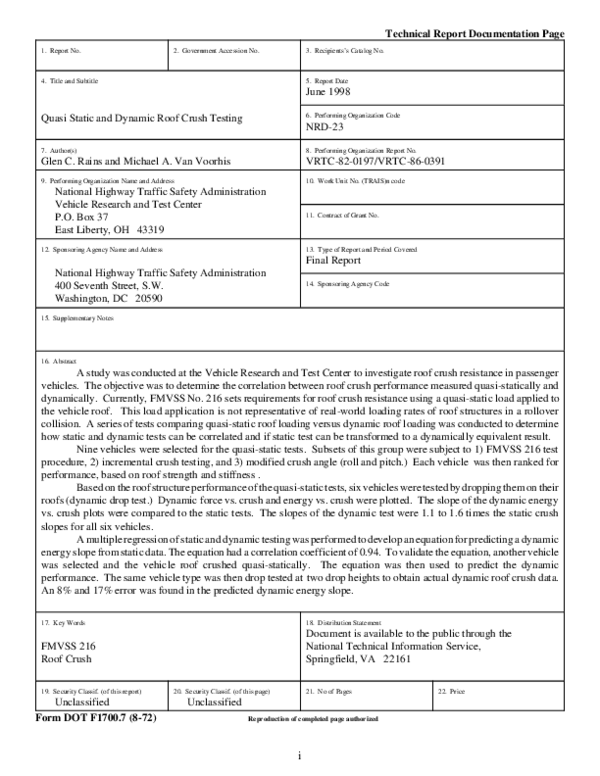 (PDF) QuasiStatic and Dynamic Roof Crush Testing Glen Rains