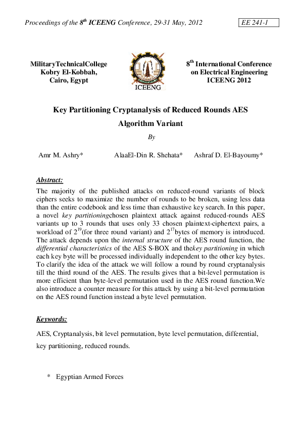 (PDF) Key Partitioning Cryptanalysis of Reduced Rounds AES Algorithm ...