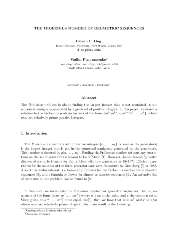 (PDF) The Frobenius Number of Geometric Sequences