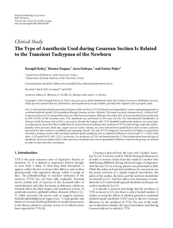 (PDF) The Type of Anesthesia Used during Cesarean Section Is Erdem