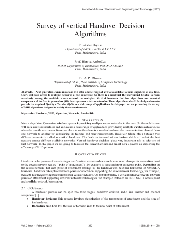 (PDF) Survey of vertical Handover Decision Algorithms