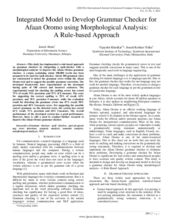 (PDF) Integrated Model to Develop Grammar Checker for Afaan Oromo using ...
