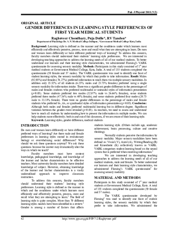 (PDF) Gender differences in learning style preferences of first year ...