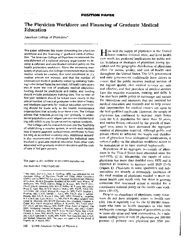 (PDF) The Physician Workforce and Financing of Graduate Medical Education