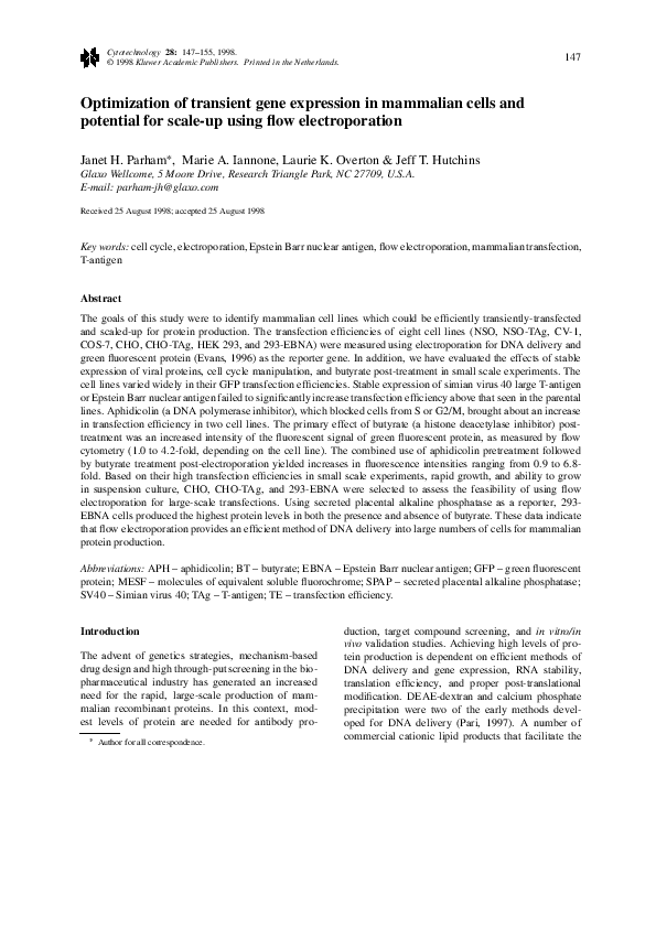 (PDF) Optimization of transient gene expression in mammalian cells and ...