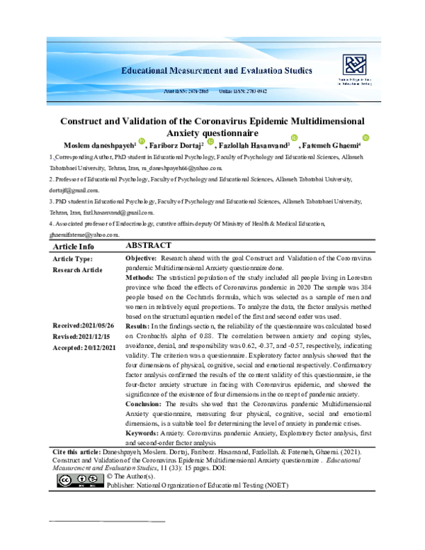 (PDF) Construct and Validation of the Coronavirus Epidemic ...
