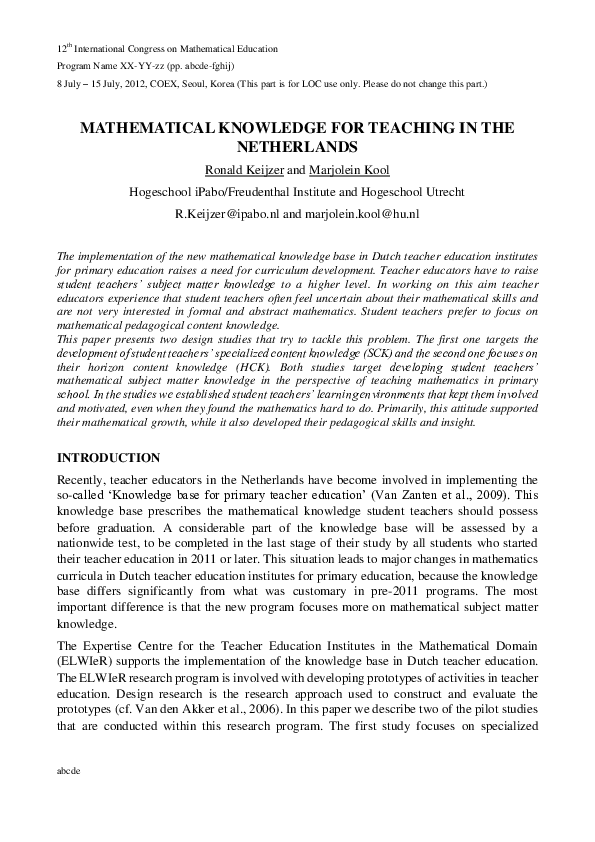 (PDF) Mathematical Knowledge for Teaching in the Netherlands