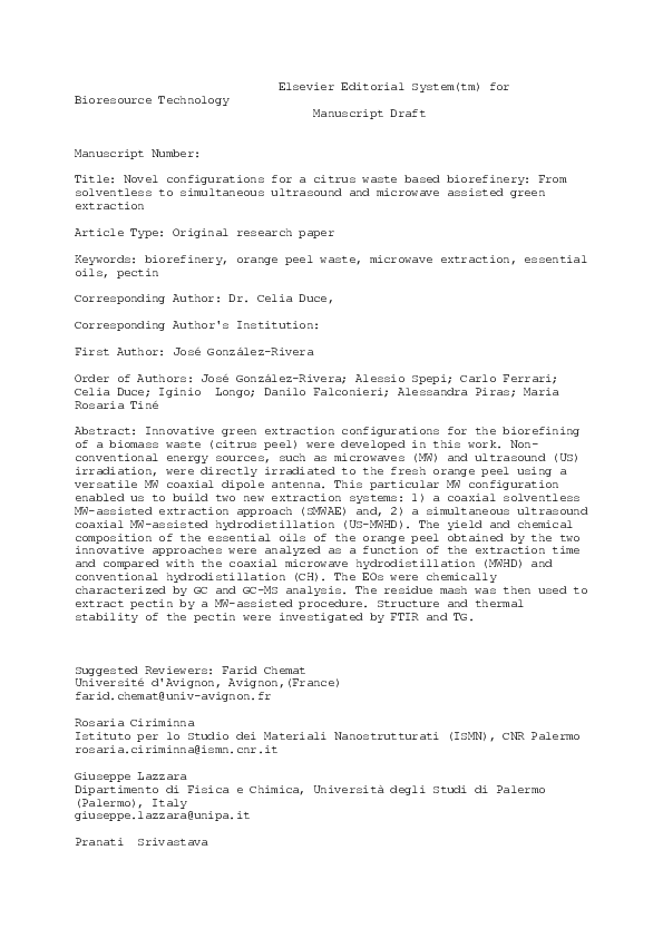 (PDF) Novel configurations for a citrus waste based biorefinery: from ...