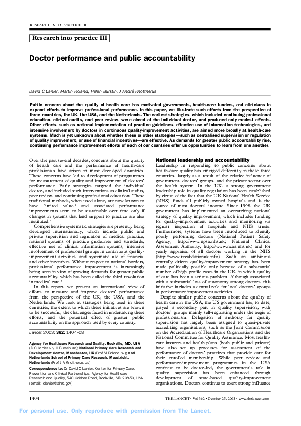(PDF) Doctor performance and public accountability