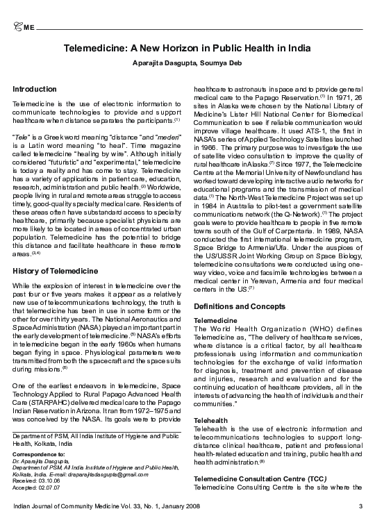 (PDF) Telemedicine: A new horizon in public health in India