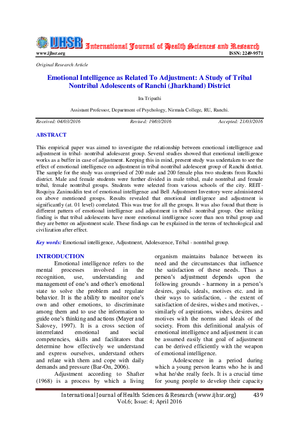 (PDF) Emotional Intelligence as Related To Adjustment: A Study of ...