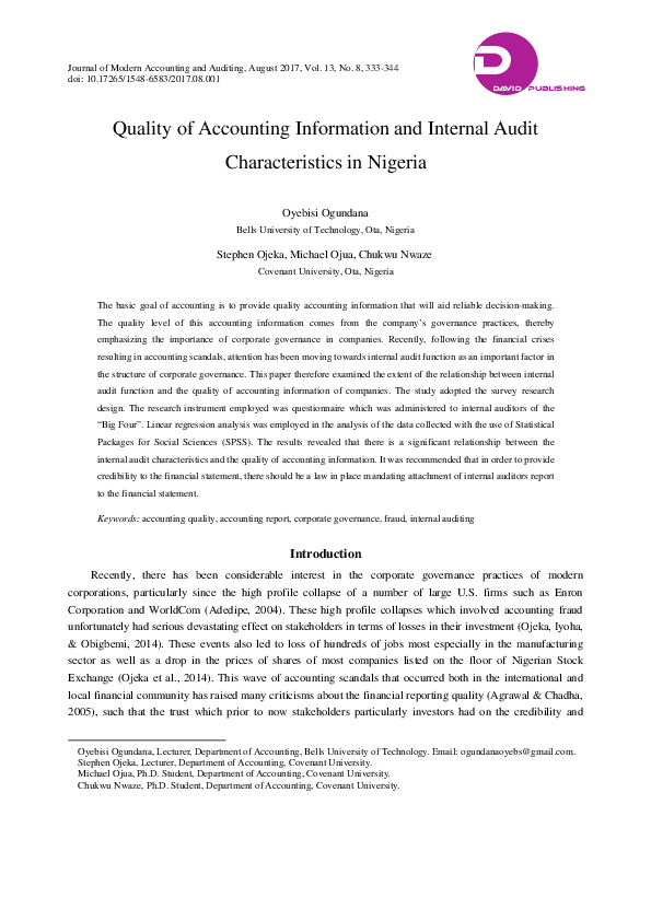 (PDF) Quality of Accounting Information and Internal Audit ...