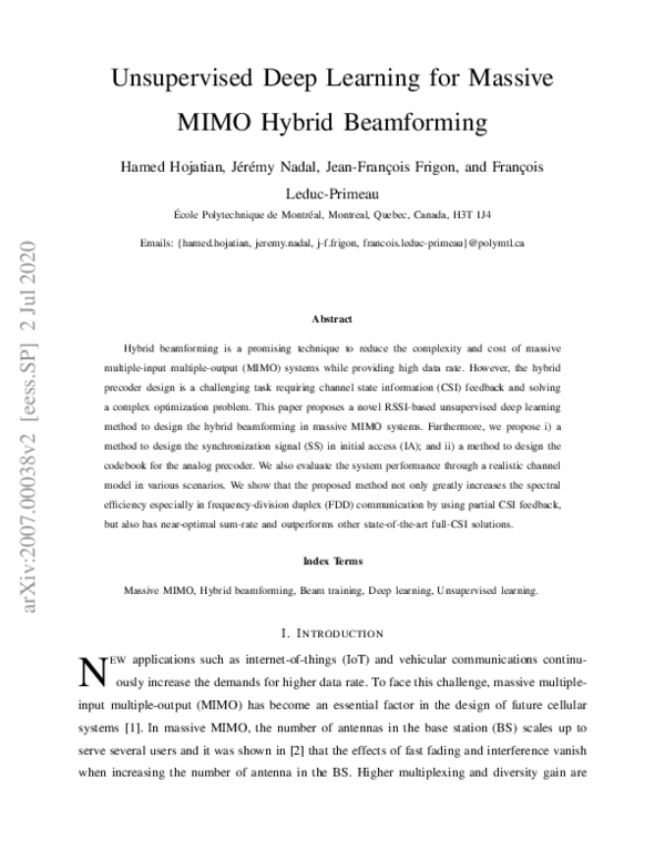 (PDF) Unsupervised Deep Learning for Massive MIMO Hybrid Beamforming