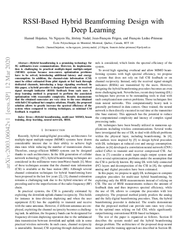 (PDF) RSSI-Based Hybrid Beamforming Design with Deep Learning