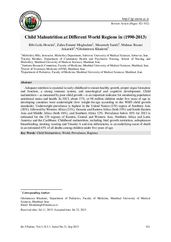 (PDF) Child Malnutrition at Different World Regions in (1990-2013)