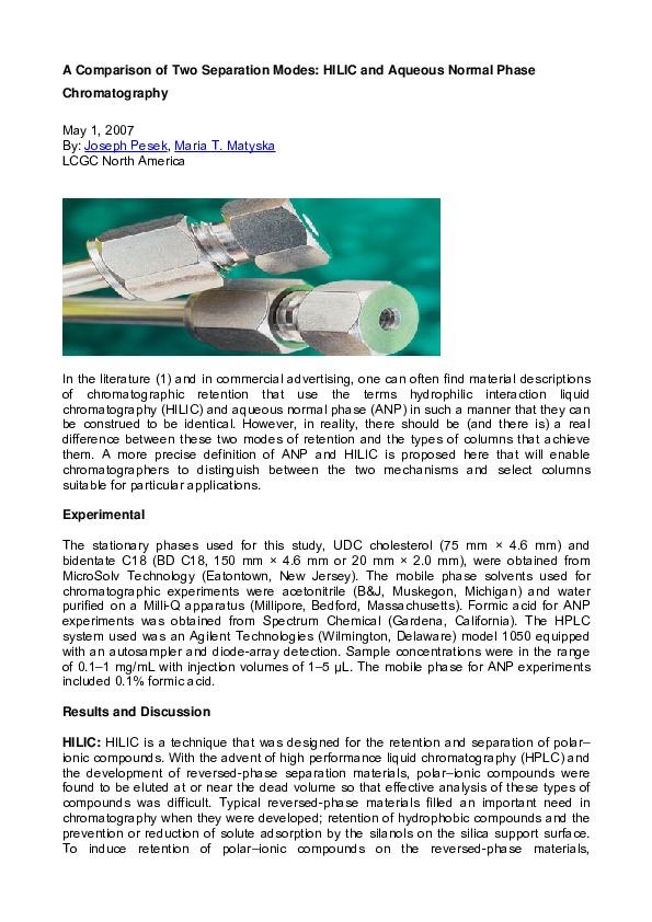 (PDF) A Comparison of Two Separation Modes HILIC and Aqueous Normal