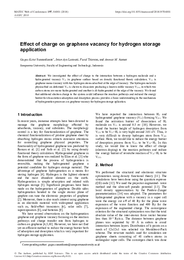 (PDF) Effect of charge on graphene vacancy for hydrogen storage application