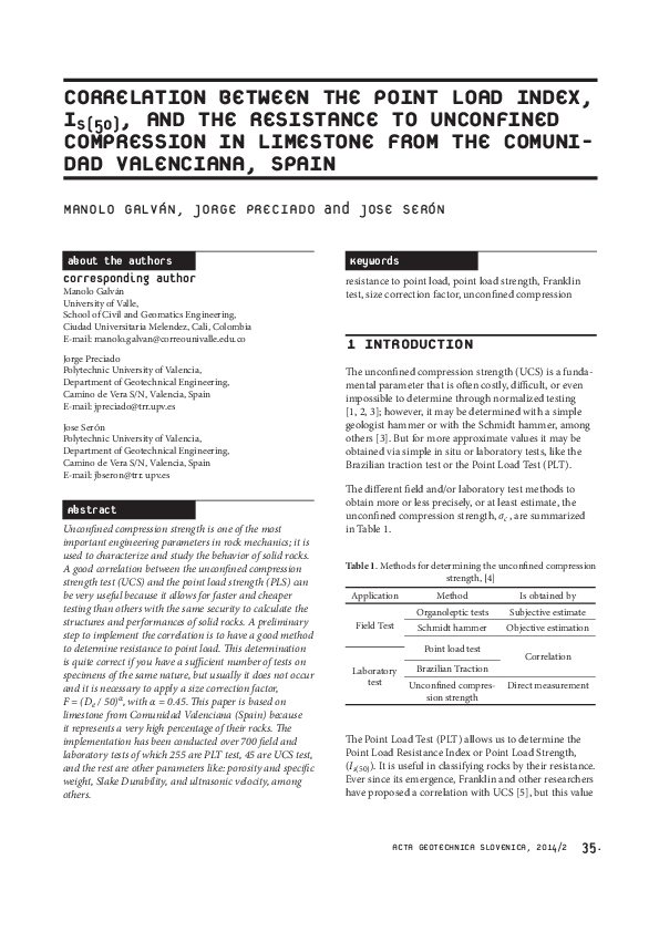 (PDF) CORRELATION BETWEEN THE POINT LOAD INDEX , IS ( 50 ) , AND THE ...