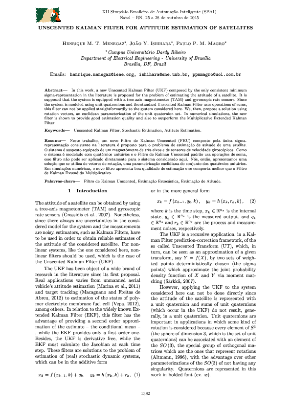 (PDF) Unscented Kalman Filter for Attitude Estimation of Satellites