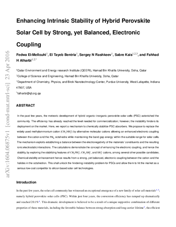 (PDF) Enhancing Intrinsic Stability of Hybrid Perovskite Solar Cell by ...