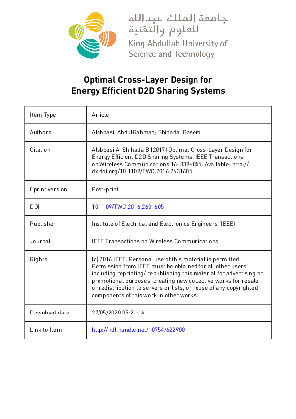 (PDF) Optimal Cross-Layer Design for Energy Efficient D2D Sharing Systems