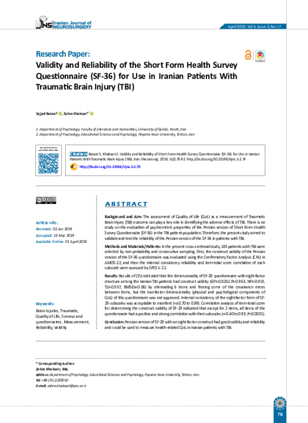(PDF) Validity and Reliability of the Short Form Health Survey ...