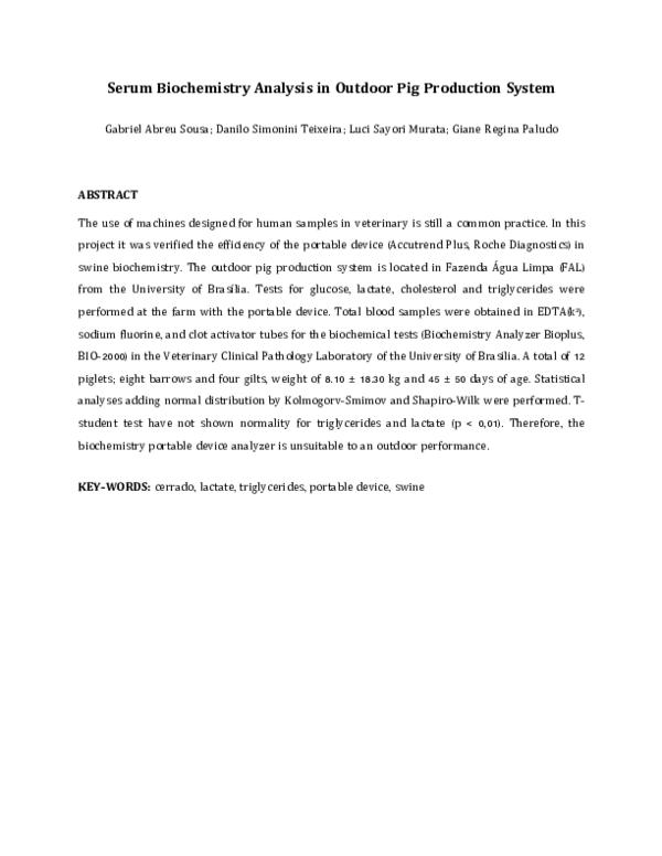 (PDF) Serum Biochemistry Analysis in Outdoor Pig Production System