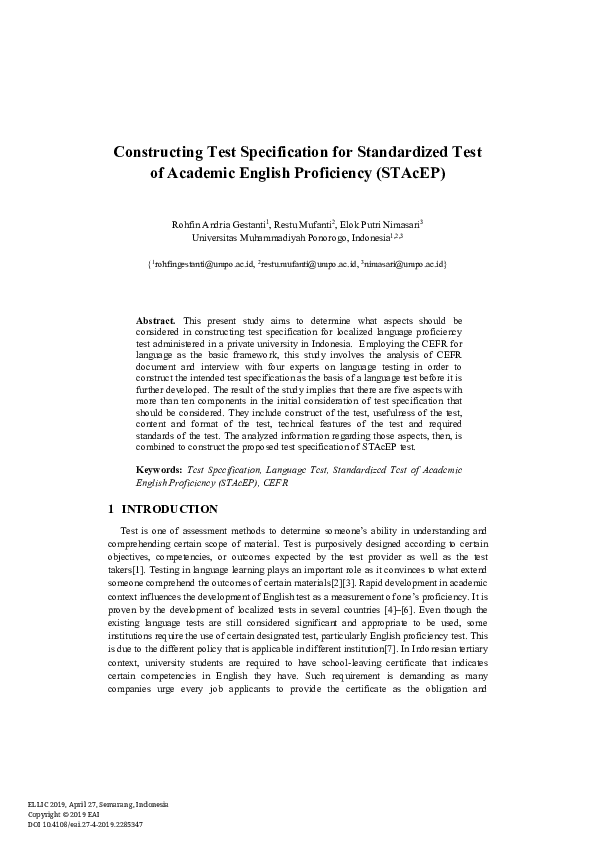 (PDF) Constructing Test Specification for Standardized Test of Academic ...