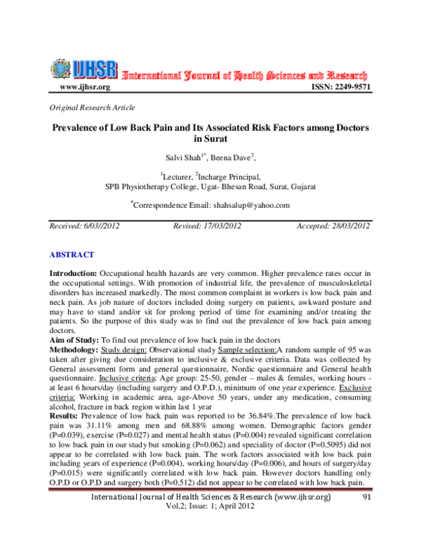 (PDF) Prevalence of Low Back Pain and Its Associated Risk Factors among ...