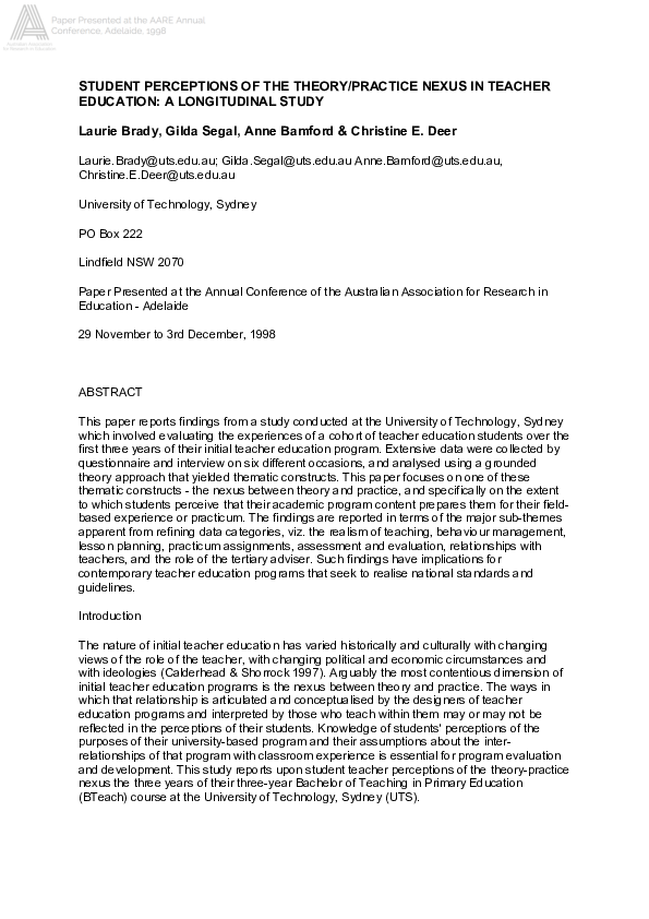 (PDF) Student Perceptions of the Theory/Practice Nexus in Teacher ...
