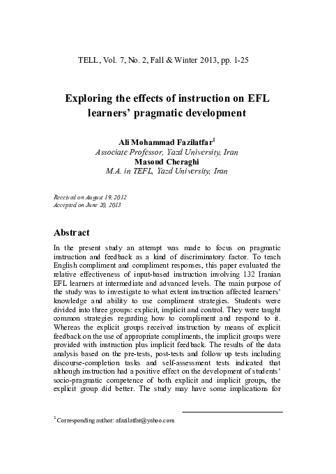 (PDF) Exploring the effects of instruction on EFL learners pragmatic ...