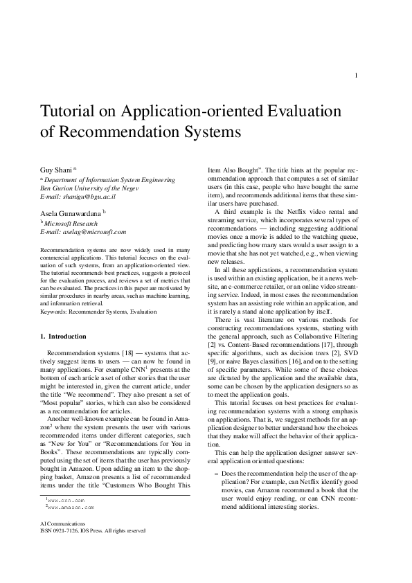 (PDF) Tutorial on application-oriented evaluation of recommendation ...