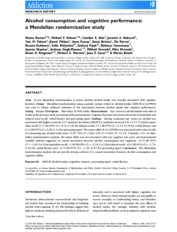 (PDF) Alcohol Consumption and Cognitive Performance: a Mendelian ...