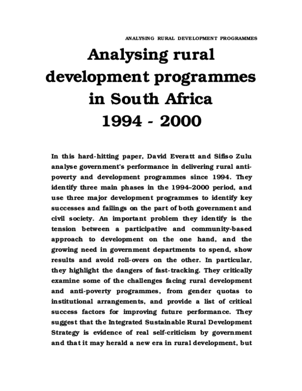 (PDF) Analysing rural development programmes in South Africa 1994 2000