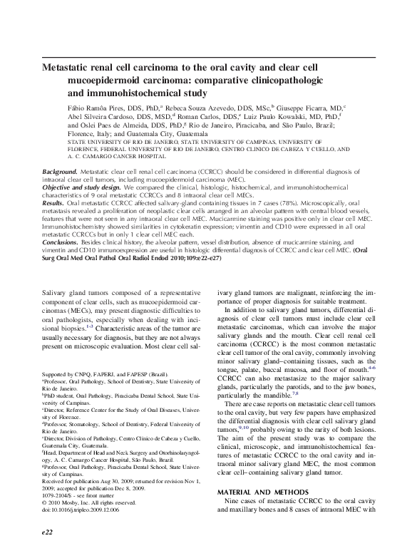 (PDF) Metastatic renal cell carcinoma to the oral cavity and clear cell ...