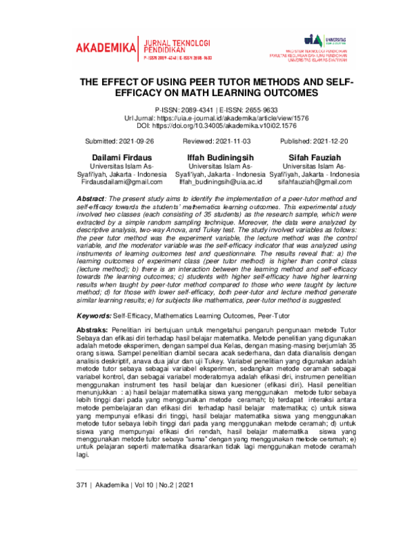 (PDF) THE EFFECT OF USING PEER TUTOR METHODS AND SELF-EFFICACY ON MATH ...