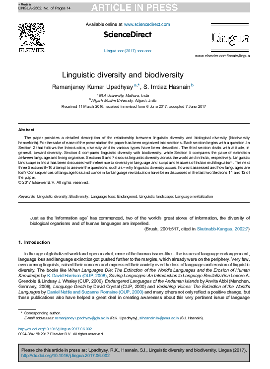 (PDF) Linguistic diversity and biodiversity