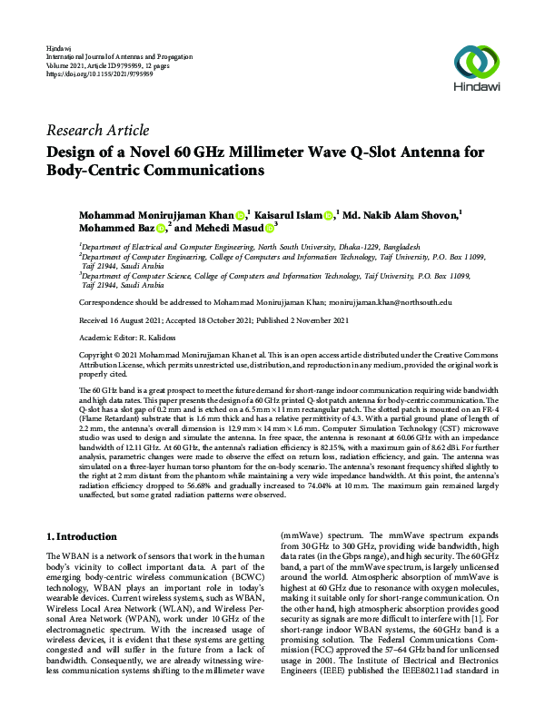(PDF) Design of a Novel 60 GHz Millimeter Wave Q-Slot Antenna for Body ...