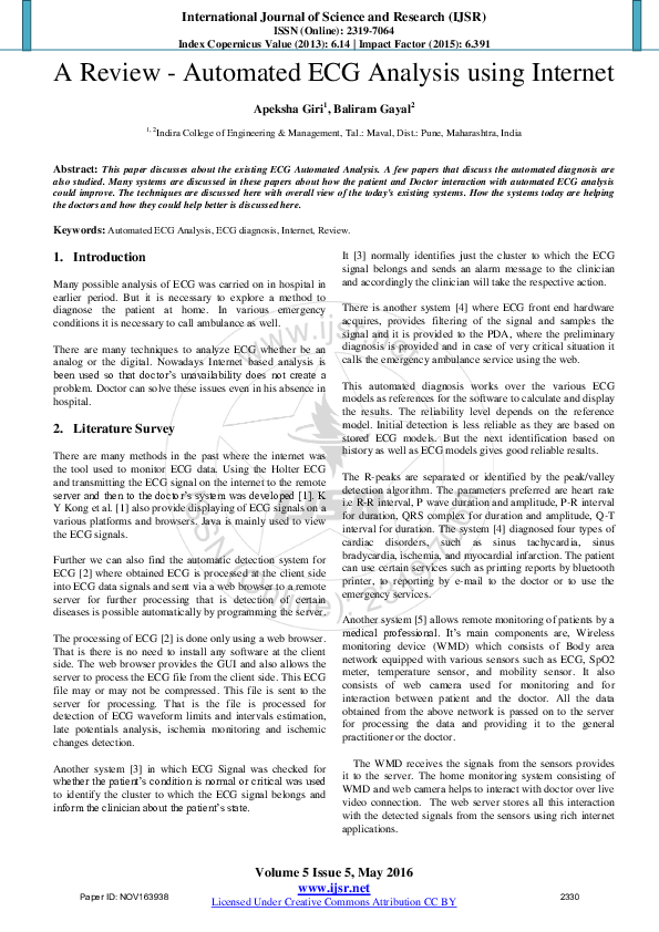 (PDF) A Review - Automated ECG Analysis using Internet