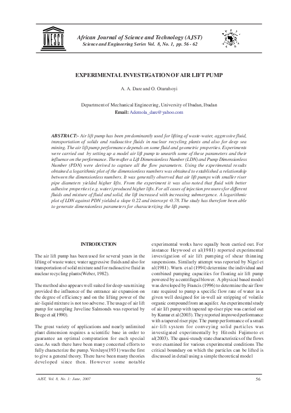 (PDF) Experimental investigation of air lift pump