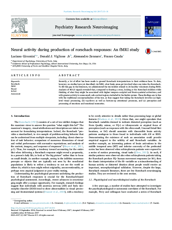 (PDF) Neural activity during production of rorschach responses: An fMRI ...