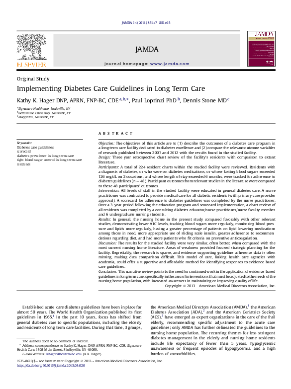 (PDF) Implementing Diabetes Care Guidelines in Long Term Care kathy