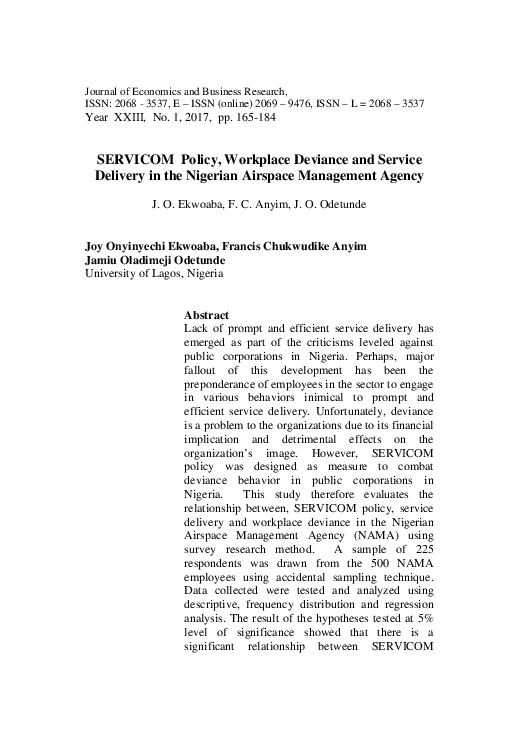  PDF SERVICOM Policy Workplace Deviance And Service Delivery In The