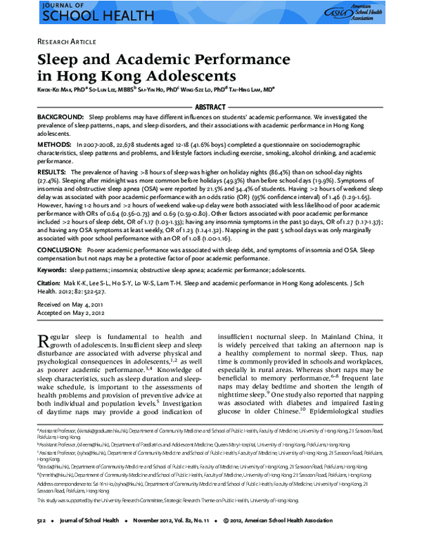(PDF) Sleep and Academic Performance in Hong Kong Adolescents