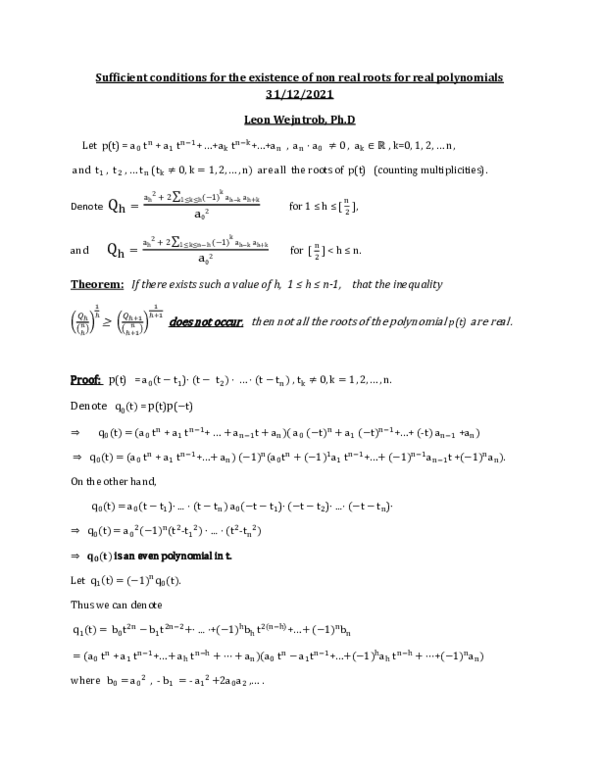 (PDF) Sufficient conditions for the existence of non real roots for ...