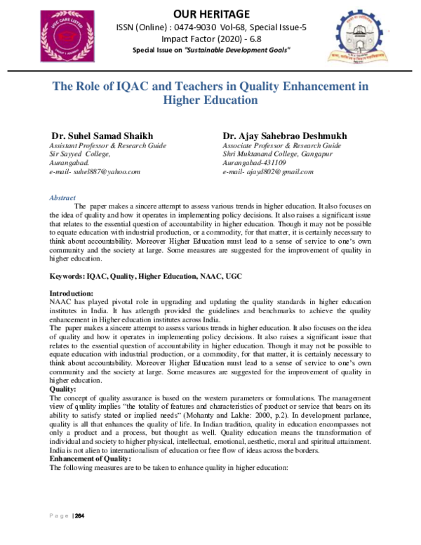 (PDF) The Role of IQAC and Teachers in Quality Enhancement in Higher ...